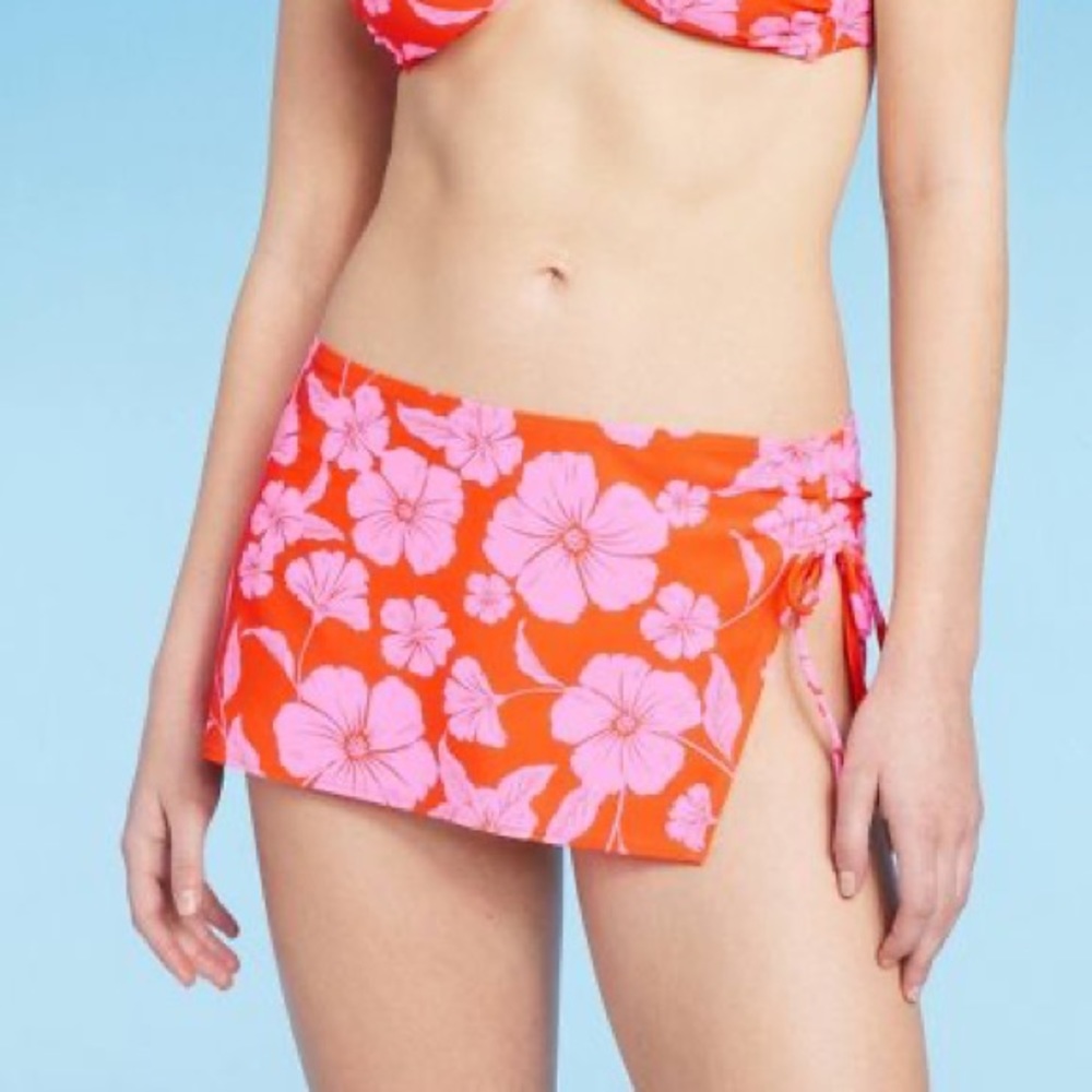 Wild Fable Women's Cinch Side Skirt Cover Up Orange/Pink Tropical Print NWOT
